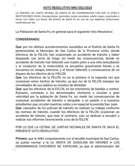 Vecinos de Santa Fe amenazan con bloquear rutas y piden salida de la FELCN