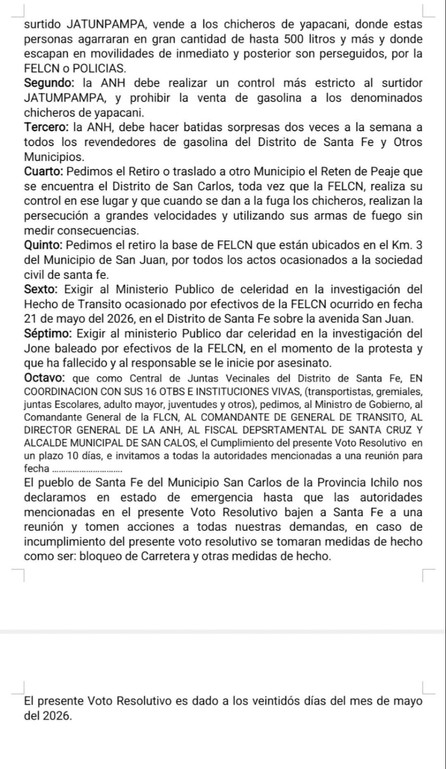 Vecinos de Santa Fe amenazan con bloquear rutas y piden salida de la FELCN