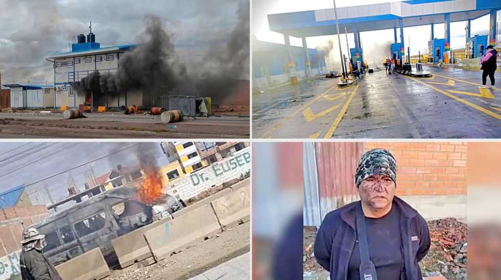 VIOLENCIA. Arriba, las oficinas de la Aduana y Vías Bolivia, tras ser atacadas y quemadas; abajo, un minibús incendiado y el sargento que fue retenido.