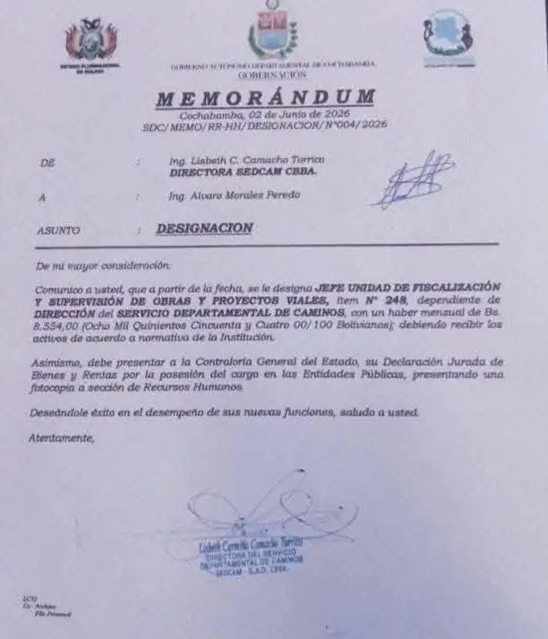 Memorándum emitido el 2 de junio de 2026, donde Morales fue designado. Camacho Torrico. Foto: RRSS.