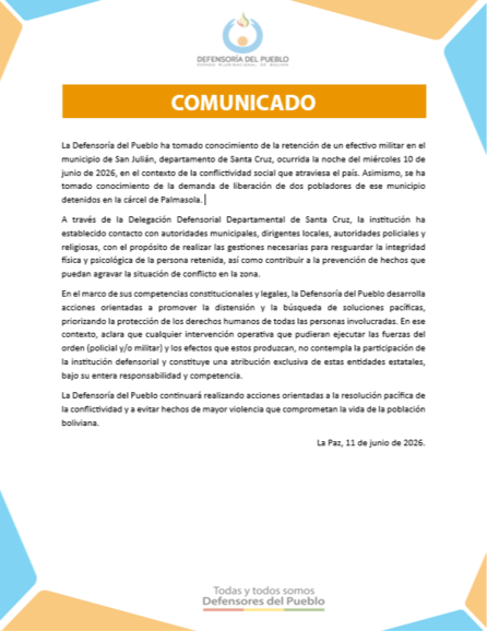 Tras retención de un militar en San Julián, la Defensoría del Pueblo busca mediar con sectores para evitar disturbios- Tras retención de un militar en San Julián, la Defensoría del Pueblo busca mediar con sectores para evitar disturbios